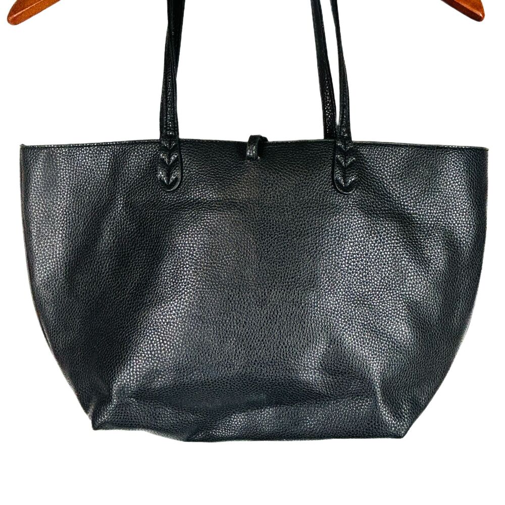 BCBG Reversible Tote Bag Textured Faux Leather Black Brown Gold Logo Charm - Picture 7 of 13